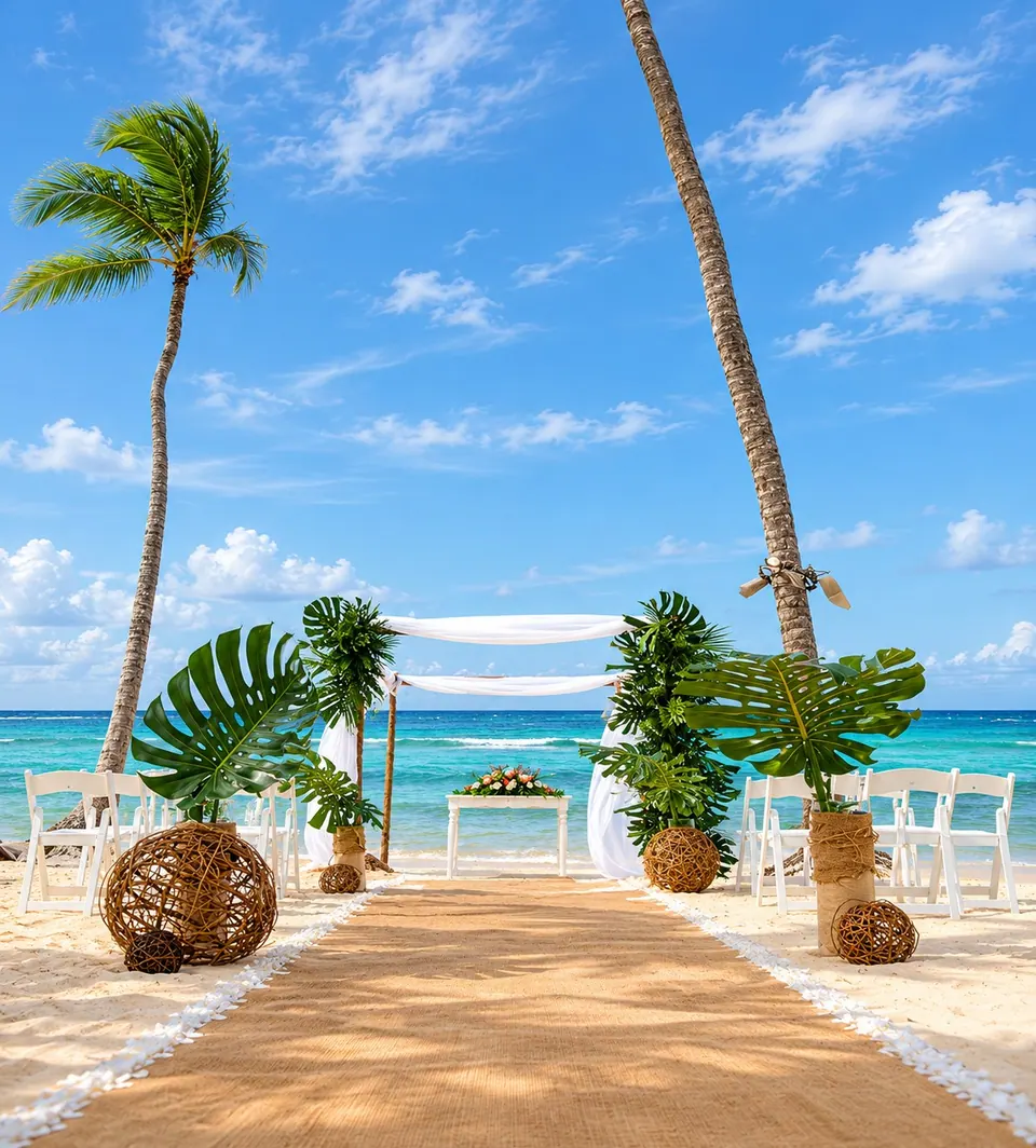 Montaje de boda en la playa con altar frente al mar Caribe
